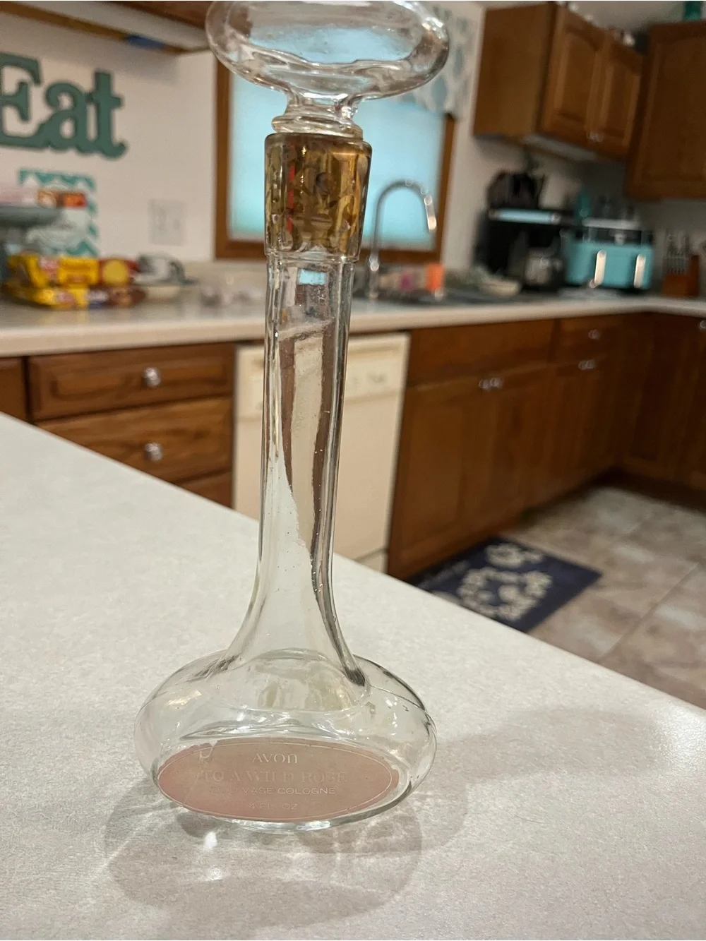 Avon Clear Glass Bud Vase with Pink Label and Multicolor Accent